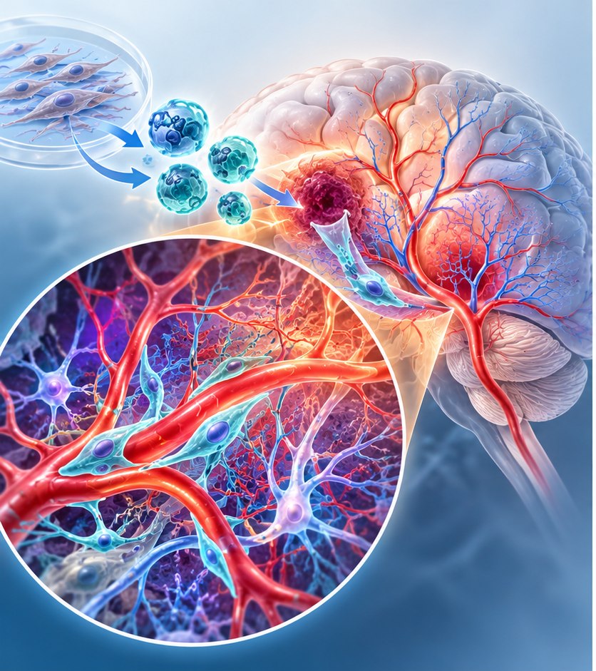 Conceptual illustration of therapeutic vasculogenic cells and vascular regeneration in injured brain tissue