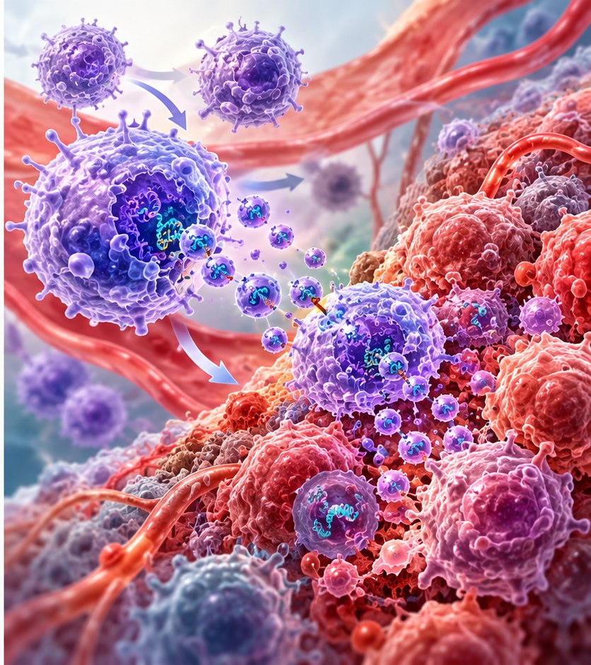 Conceptual illustration of engineered myeloid cells homing to a tumor and releasing therapeutic extracellular vesicles