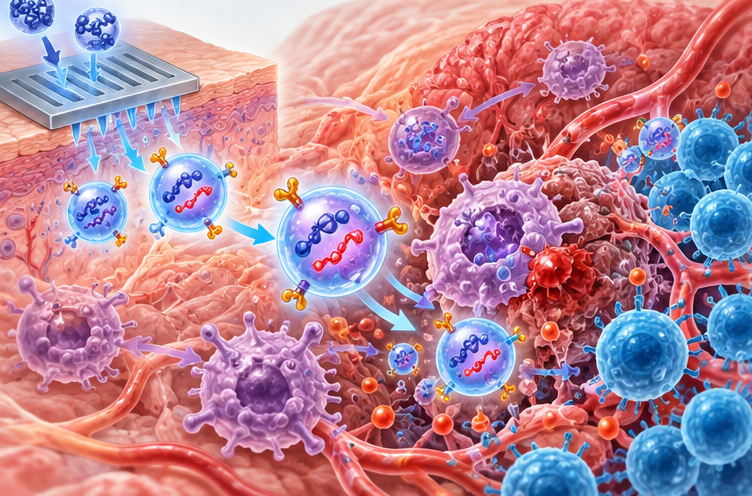 Conceptual illustration of TNT-programmed skin cells generating engineered extracellular vesicles that modulate a nearby breast tumor